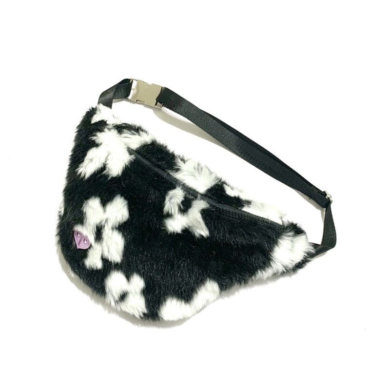 JCC Black Floral Faux Rabbit Fur Waist Bag - Messenger Bags & Sling Bags - Polyester Black