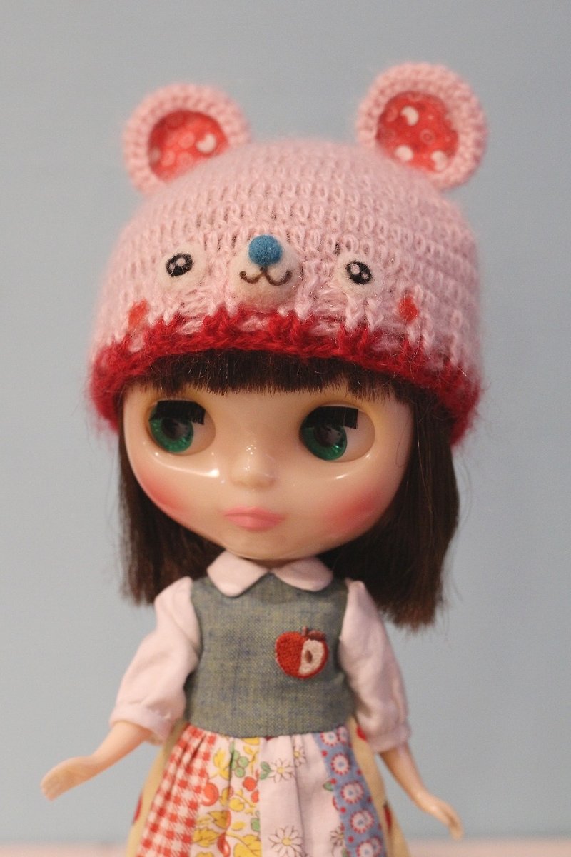 Blythe大布尺寸手工編織粉紅熊娃帽 - 帽子 - 羊毛 粉紅色