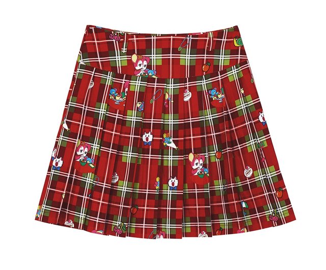 レッドチェック柄クリスマスベア秋冬厚手スカートプリーツ