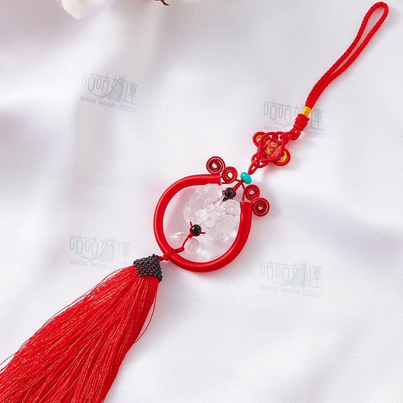 Good Luck Artificial White Crystal with Twin Pixiu Car Charm - (Consecrated) - พวงกุญแจ - คริสตัล สีใส