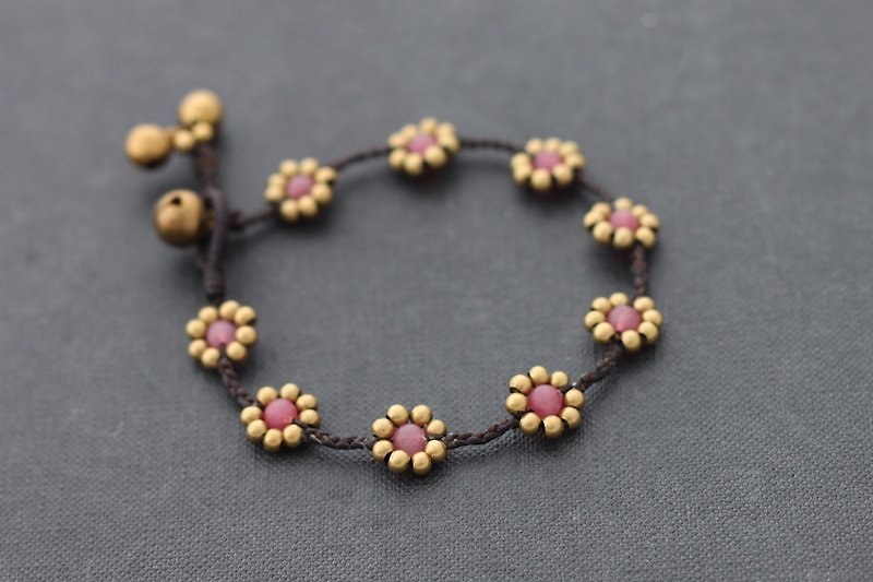 Rose Quartz Flower Bracelets Brass Braided Woven Daisy Cute Love Stone - Bracelets - Stone Pink