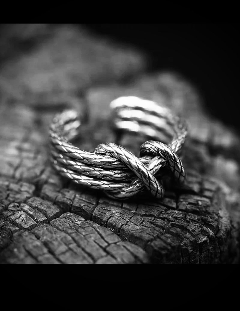 復古仿舊泰銀粗獷打結麻繩編織個性戒指 - 戒指 - 純銀 銀色