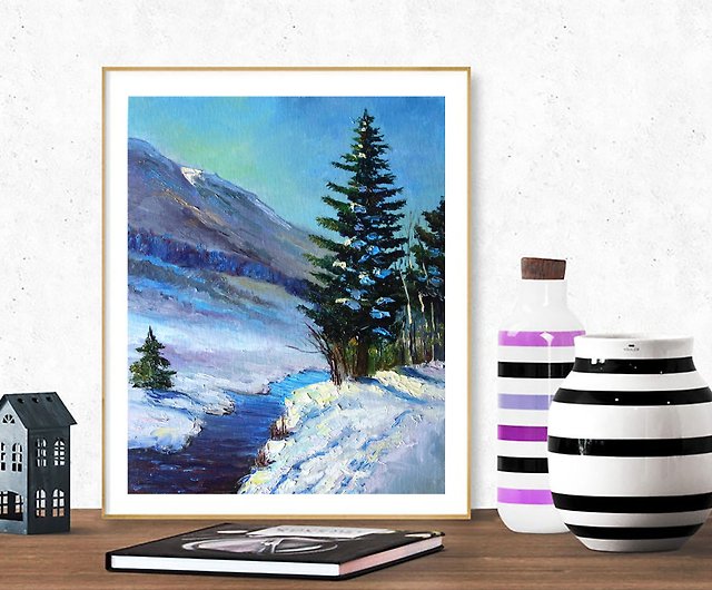 冬の絵画油絵の松の木オリジナルアート油畫原作風景アートワーク 