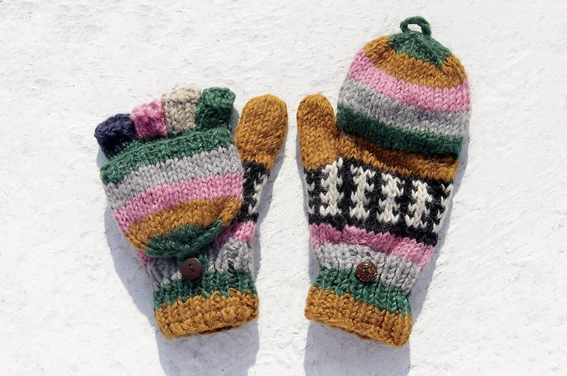 Christmas gift ideas gift exchange gift limited a hand-woven pure wool knit gloves / detachable gloves / bristle gloves / warm gloves (made in nepal) - boho ethnic Eastern Europe peach green forest forest totem - Gloves & Mittens - Wool Multicolor