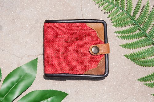 omhandmade 棉麻皮夾 手工編織皮革短夾 短皮夾 零錢包 編織皮夾-紅色時尚