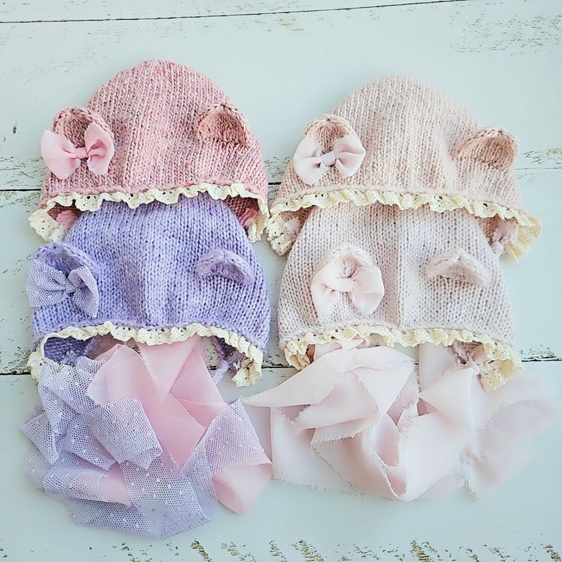 Newborn Bear Hat with lace / Knitted baby photo prop - 嬰兒手鍊/飾品 - 羊毛 粉紅色