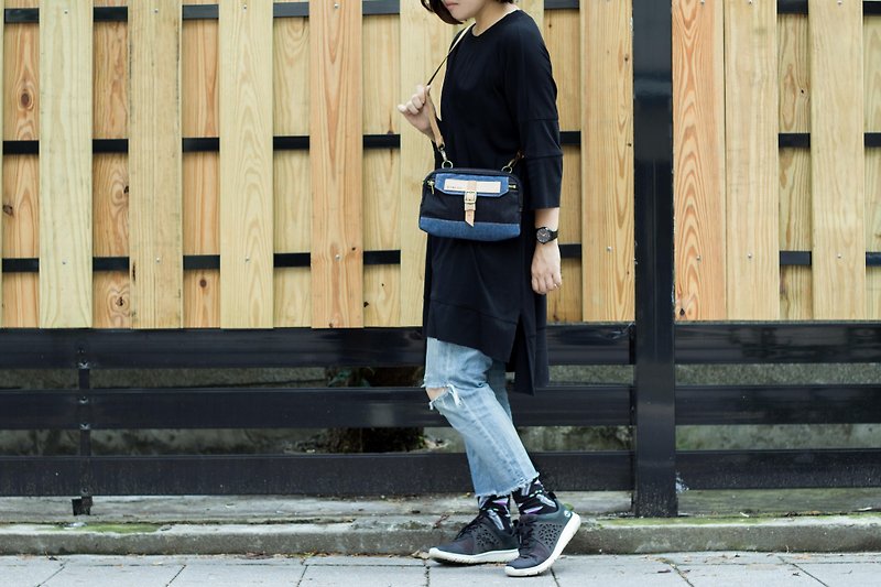 【Transformable Walking Bag】Cross body Bag/ Portable Bag/ Waist Bag(Black&Denim) - Messenger Bags & Sling Bags - Genuine Leather 