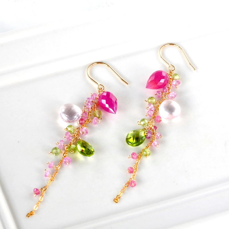 14kgf/ Rose Bud Ruby Flower Bud x Rose Quartz x Peridot Summer Earrings - Earrings & Clip-ons - Gemstone Red