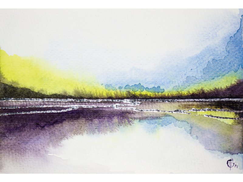 Lavender Field Painting Abstract Landscape Original Art Purple Watercolor Art - 海報/掛畫/掛布 - 紙 紫色