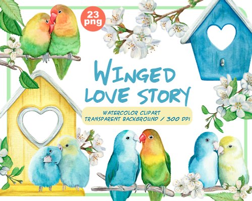 ArtfulStudio Watercolor lovebirds Clipart-Valentine's day parrots-spring love story