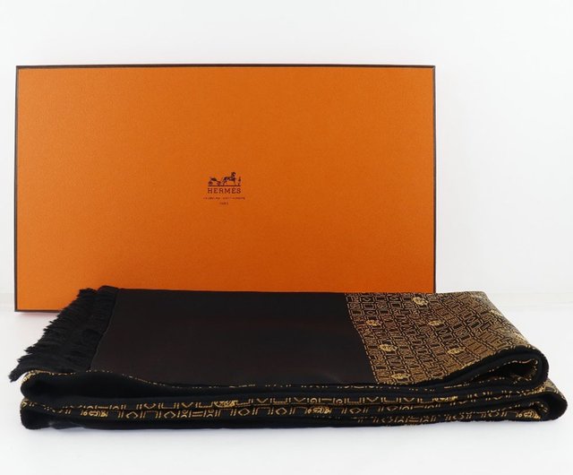 美品　HERMES　エルメス　マフラー　アンゴラ　シルク　ユニセックス 日本直送】エルメスHERMES マフラーシルク× アンゴラ黒ユニ