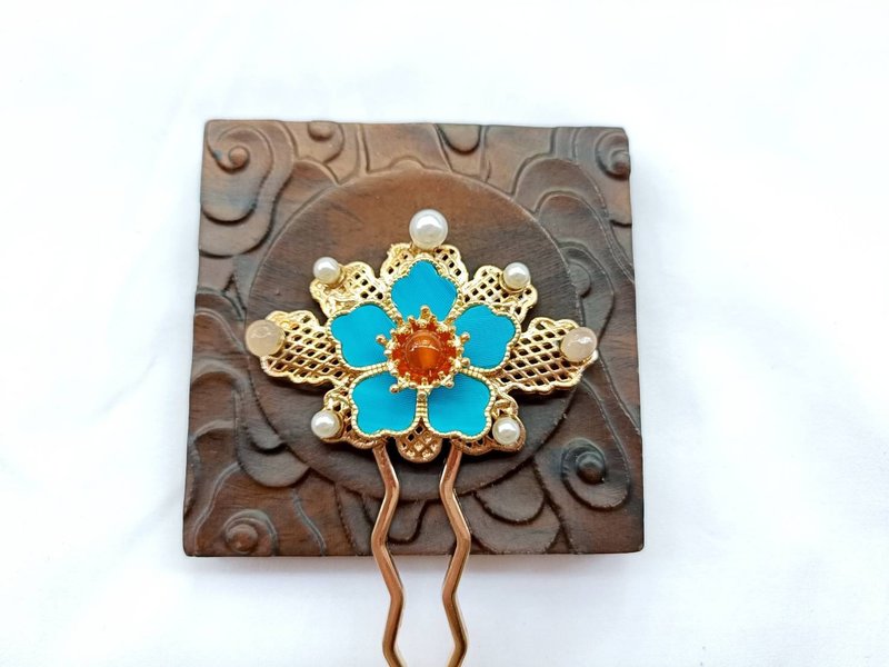 Antique Flower Chinese Immitation Kingfisher Feather Hairpin Head Accessories - อื่นๆ - วัสดุอื่นๆ สีน้ำเงิน