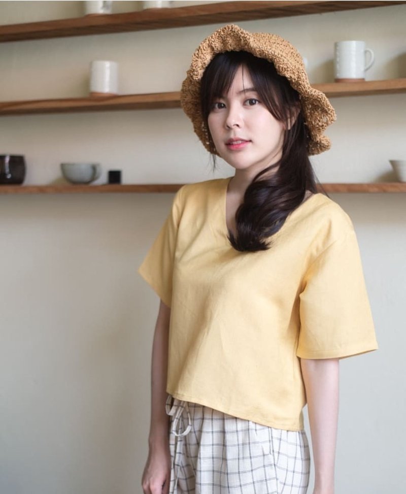 RIBBON CROP TOP - Yellow - 女上衣/長袖上衣 - 棉．麻 黃色