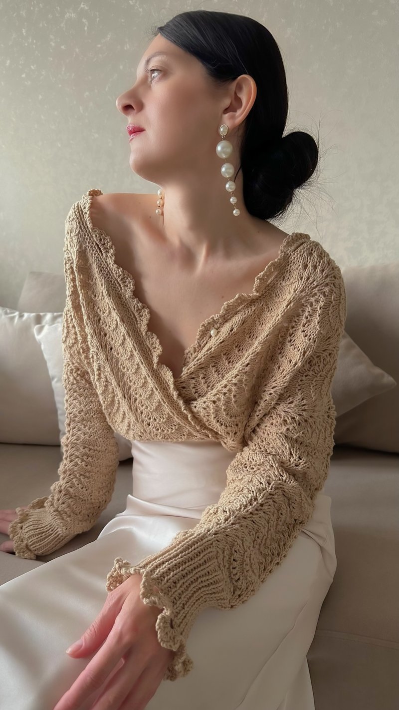 Crochet trim lace knit blouse for women Summer cardigan Handmade knit blouse - 女毛衣/針織衫 - 棉．麻 