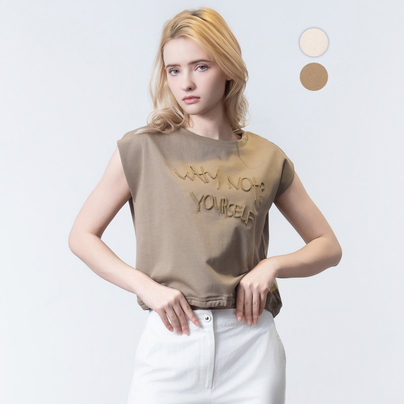 【MEDUSA】毛毛字母 闊肩簡約綁繩T恤 - 2色(M-XL) | 女休閒上衣 - 女 T 恤 - 棉．麻 卡其色