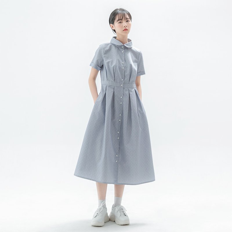 [Classic original] Romance_如woven romantic dress_CLD006_ white dots on blue - ชุดเดรส - ผ้าฝ้าย/ผ้าลินิน สีน้ำเงิน