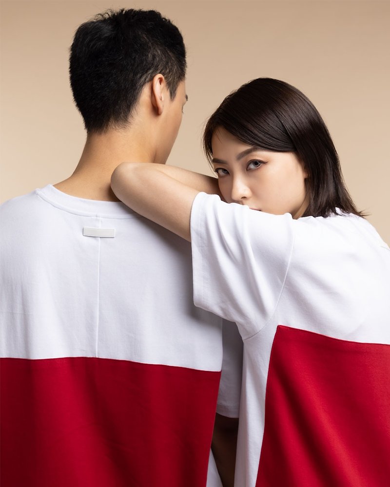 棉．麻 男 T 恤 白色 - Red Block T-shirt