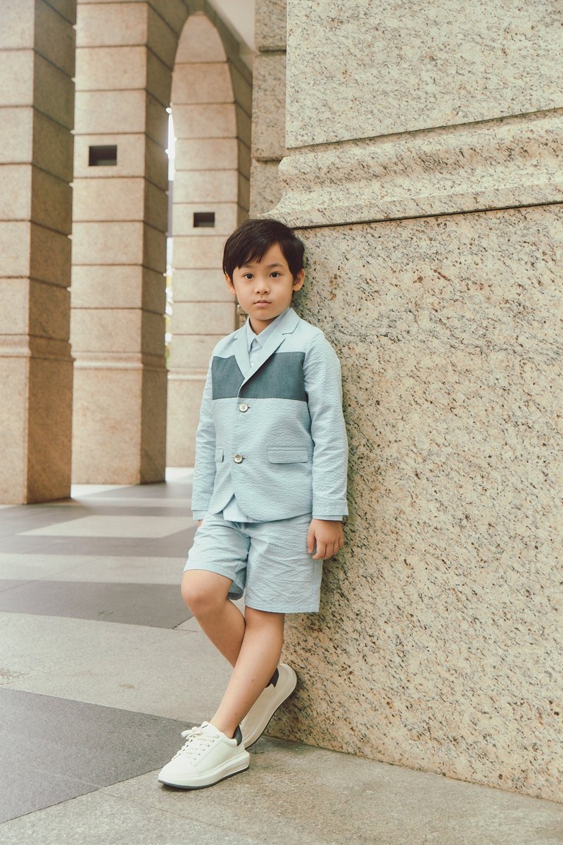 牛仔布拼接時尚西裝外套 - 男/女童禮服 - 棉．麻 灰色