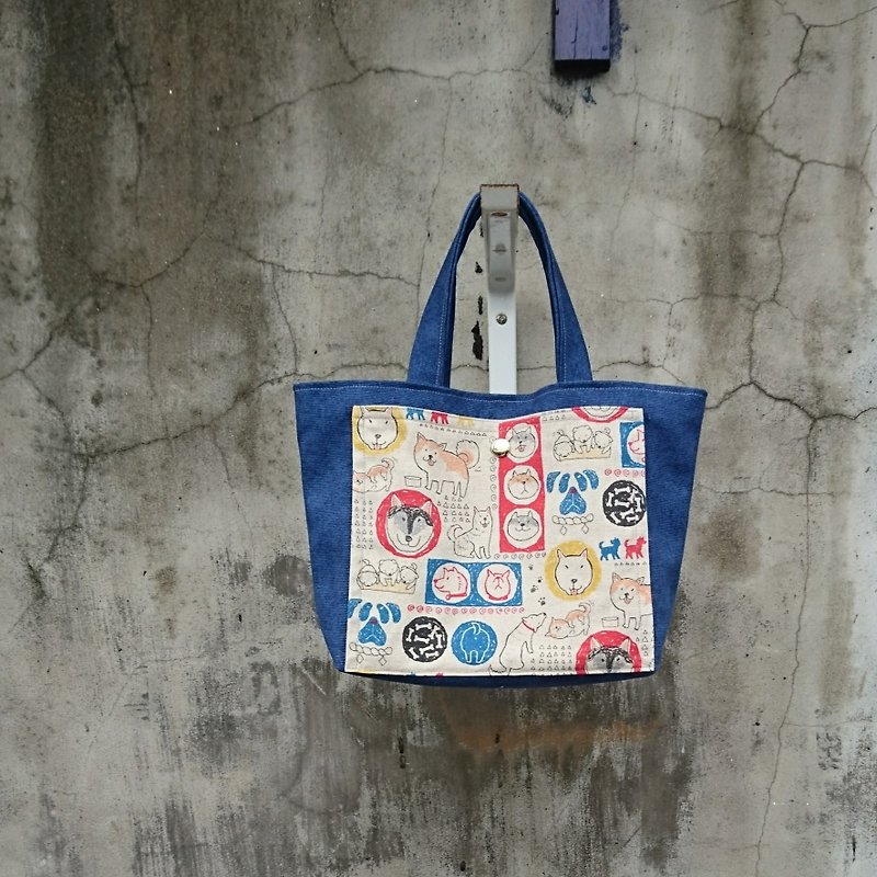 [BVM / go! Tote bag] sprouting Shiba Inu. Blue - กระเป๋าถือ - ผ้าฝ้าย/ผ้าลินิน สีน้ำเงิน