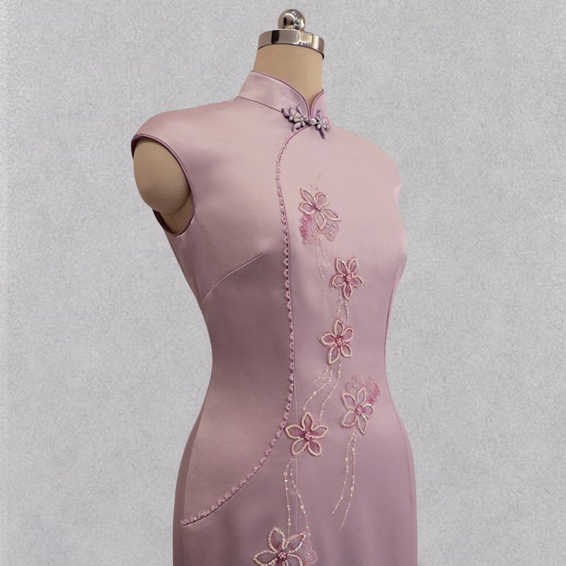 CHAELING Haute Couture Pink French Embroidery Beaded Silk Acetate Satin Cheongsam Dress - Qipao - Silk 