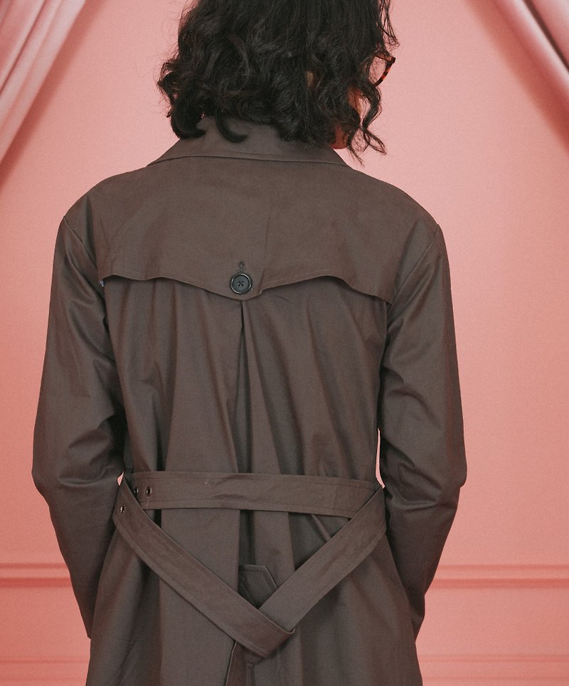 low-round collar trench coat with belt (unisex) - เสื้อโค้ทผู้ชาย - ผ้าฝ้าย/ผ้าลินิน สีเทา