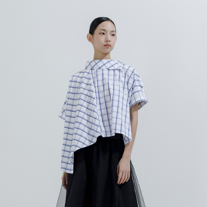 Plaid asymmetrical top with side button collar - เสื้อผู้หญิง - ผ้าฝ้าย/ผ้าลินิน หลากหลายสี