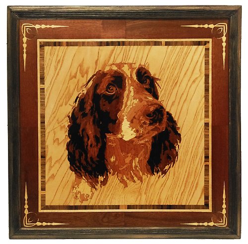 Woodins Cocker Spaniel Dog portrait inlay framed mosaic wood panel ready to hang home