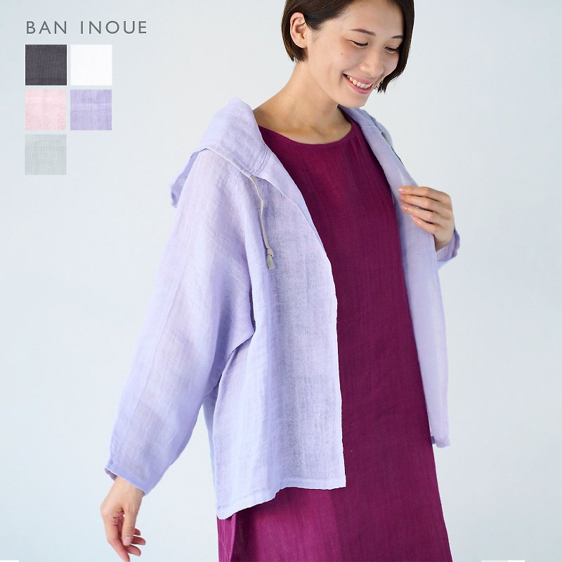 BAN INOUE hoodie long mosquito net 100% cotton colorful natural relaxing - เสื้อแจ็คเก็ต - ผ้าฝ้าย/ผ้าลินิน สึชมพู