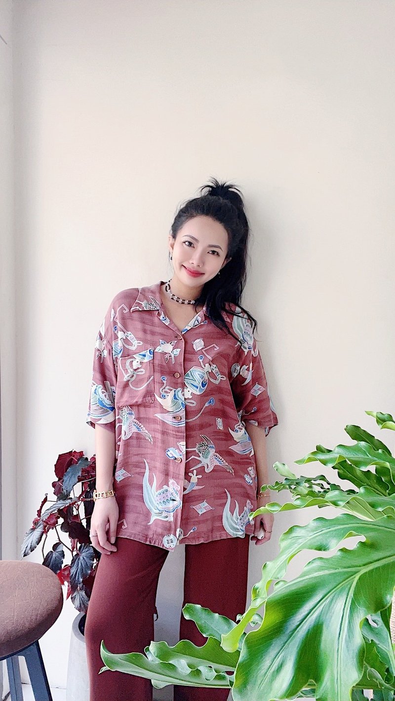 灰藕粉椰子釦 絲質薄料夏威夷襯衫上衣罩衫shirt vintage 古著 - 女襯衫 - 絲．絹 多色