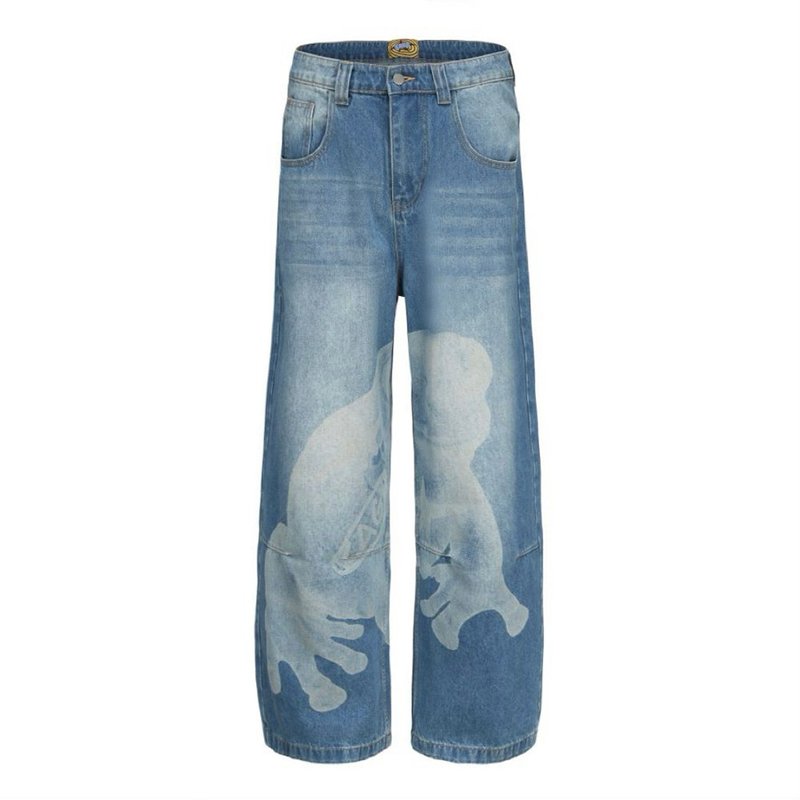 Froggy Baggy Jeans washed distressed loose jeans Unisex - กางเกง - วัสดุอื่นๆ สีน้ำเงิน