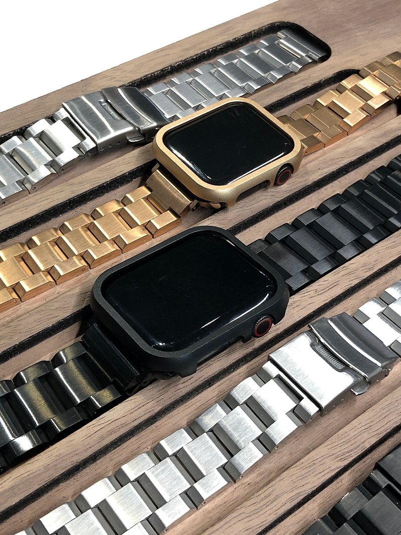 霧面Apple Watch鋼之鎧套組/邊框加工業風斜角不銹鋼帶 - 錶帶 - 不鏽鋼 多色