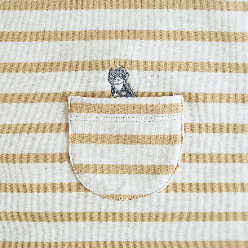 jumping cat striped t-shirt : mustard × beige - T 恤 - 棉．麻 黃色