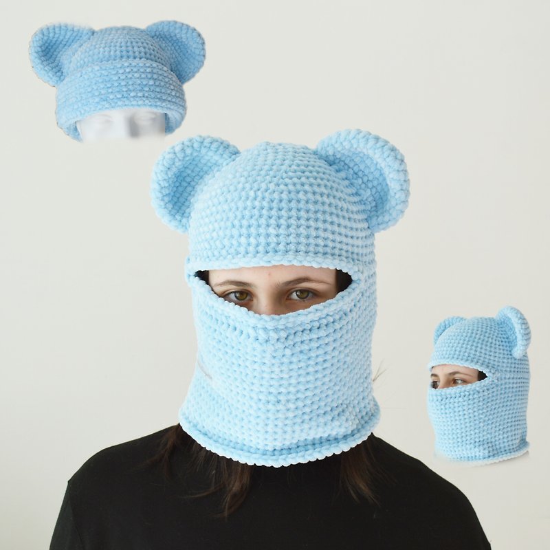 Light blue bear balaclava ski mask outfit street style men women Crochet velvet - หมวก - ผ้าฝ้าย/ผ้าลินิน สีน้ำเงิน