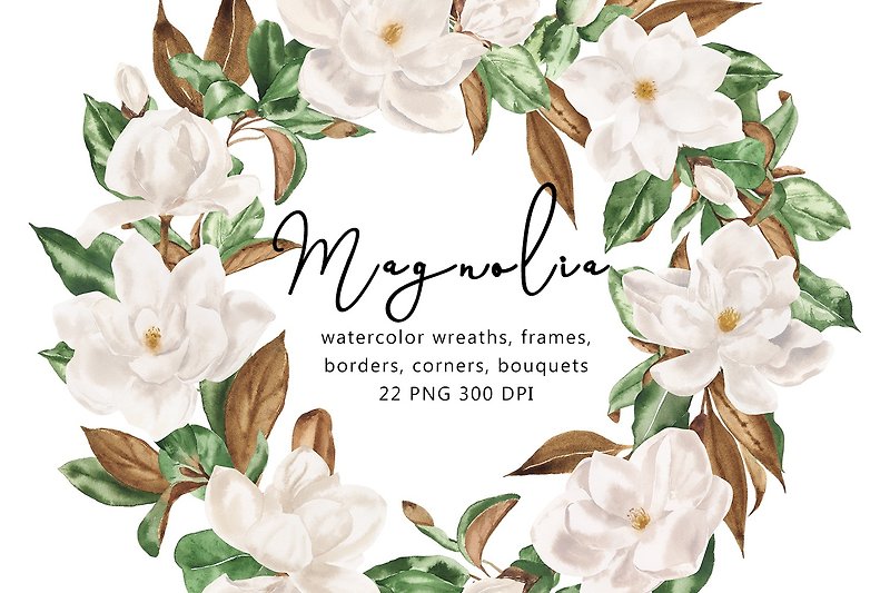 Watercolor magnolia wreaths, frames, borders, bouquets, flowers illustration - 電子似顏繪/繪畫/插畫 - 其他材質 白色