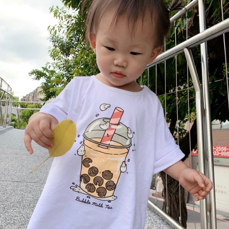 Mochi Rabbit Pearl Milk Tea Kids T-shirt (White) - Tops & T-Shirts - Cotton & Hemp White