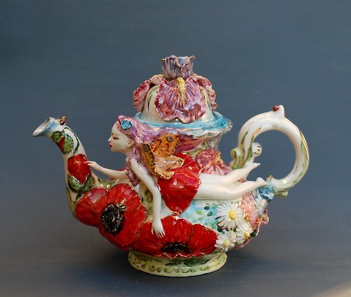 PorcelainShoppe 美麗的茶壺花仙子雕像鳶尾花罌粟花手工陶瓷