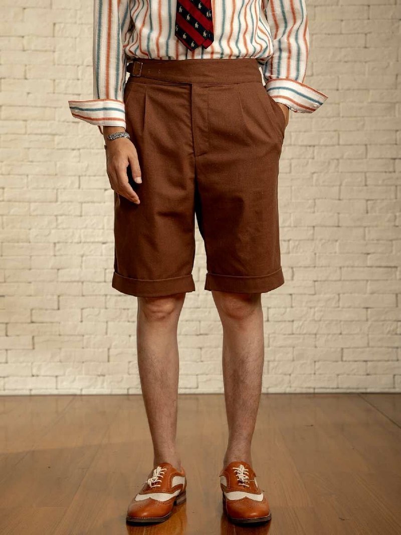 SOARIN vintage Naples linen casual shorts (242TF167) - กางเกงขาสั้น - ผ้าฝ้าย/ผ้าลินิน สีนำ้ตาล