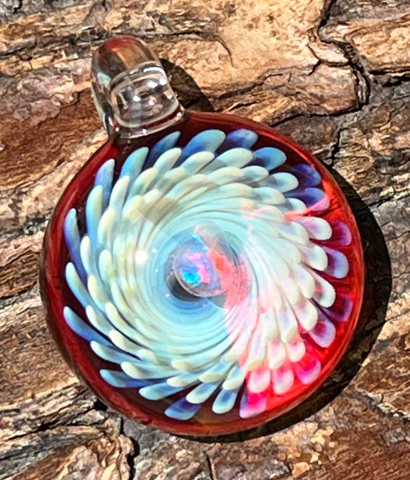 Opal dot spiral 3D geometric pattern borosilicate glass pendant - Necklaces - Glass Red