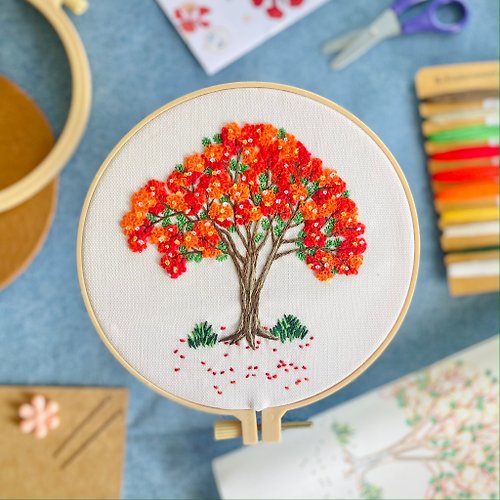 B.Embroidery DIY The blossom flamboyant tree embroidery kit on the white background fabric