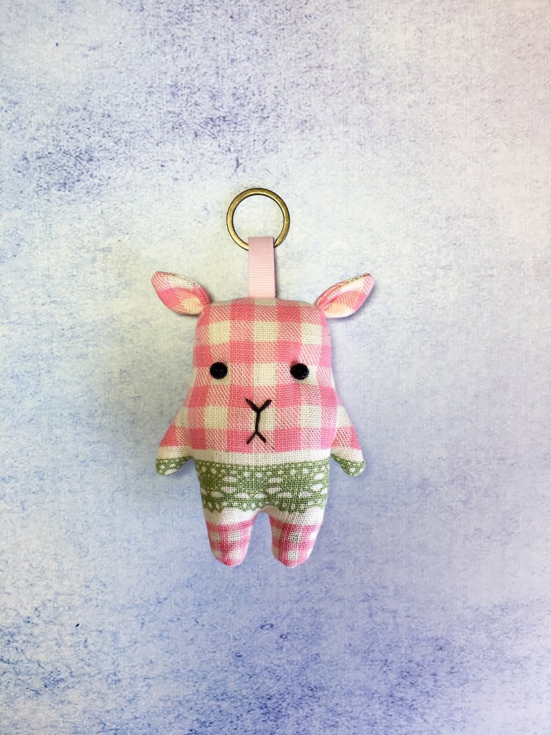 +粉格紋蕾絲腰帶+小鹿鑰匙圈 - 吊飾 - 棉．麻 粉紅色