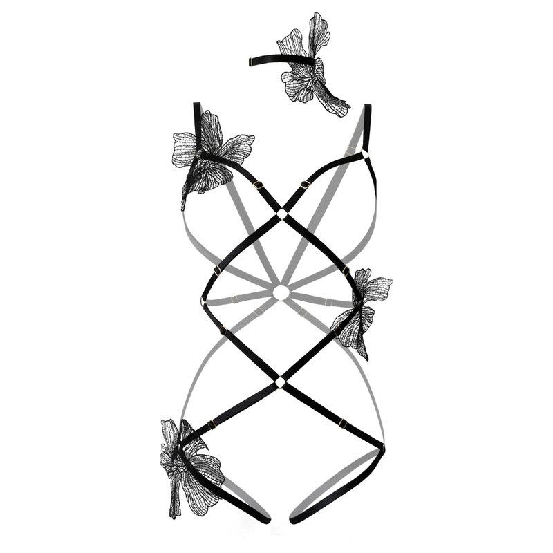Bondage body harness - lace flowers bodycage - erotic bodysuit - sexy lingerie - 女內衣褲 - 聚酯纖維 黑色