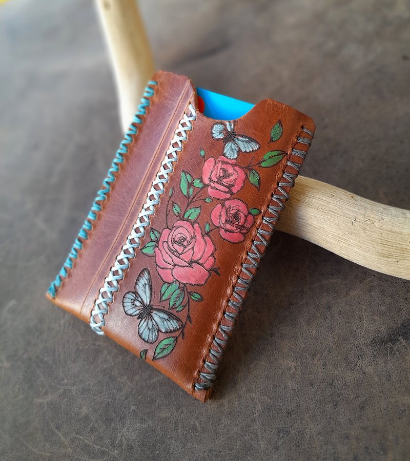 Hand Painted Rose Wallet, EDC Leather Wallet for Women, Card Holder - Card Holders & Cases - Genuine Leather Red