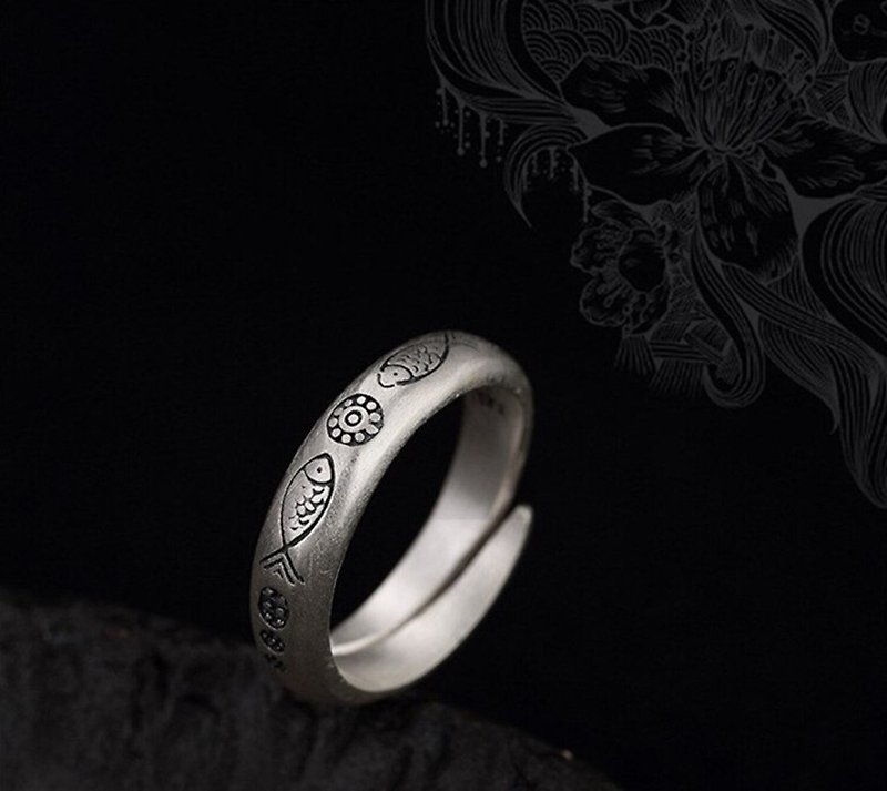 Real 990 Fine Silver Jewelry Handmade Engraved Totem Patterns Fishes Flower Ring - General Rings - Sterling Silver Silver