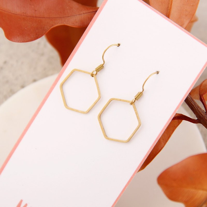 [small roll paper hand made / paper art / jewelry] basic style wild simple brass earrings - hexagon - Earrings & Clip-ons - Copper & Brass Gold