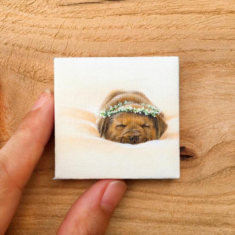 ミニチュア子犬の油絵。手作りの小さな犬の肖像画アート。ペットギフト。 - ポスター・絵 - コットン・麻 