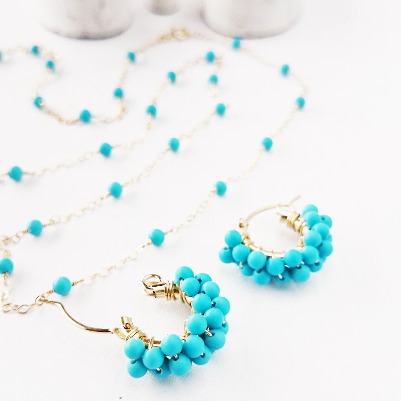Goody bag K14gf Turquoise earrings & necklace set / pierced earrings - สร้อยคอ - เครื่องเพชรพลอย สีน้ำเงิน