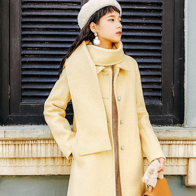 【全場特價】女裝冬季穿搭含圍巾A型長款呢外套 YDD81214 - 女大衣/外套 - 聚酯纖維 黃色