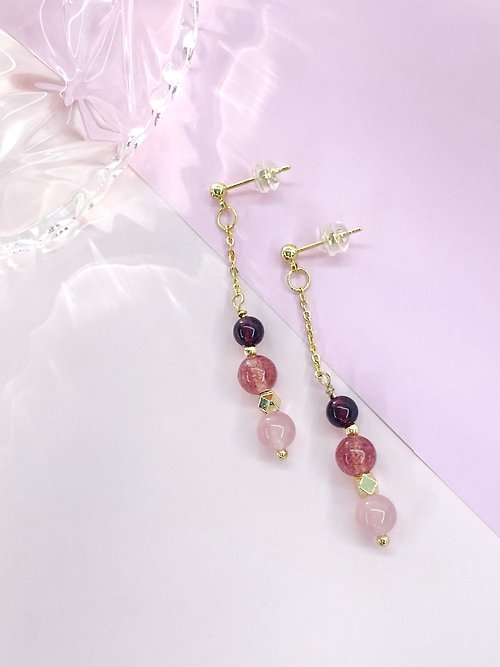 BlacK PurPle Jewelry 愛情系列 石榴石 草莓晶 粉晶14KGF 耳環