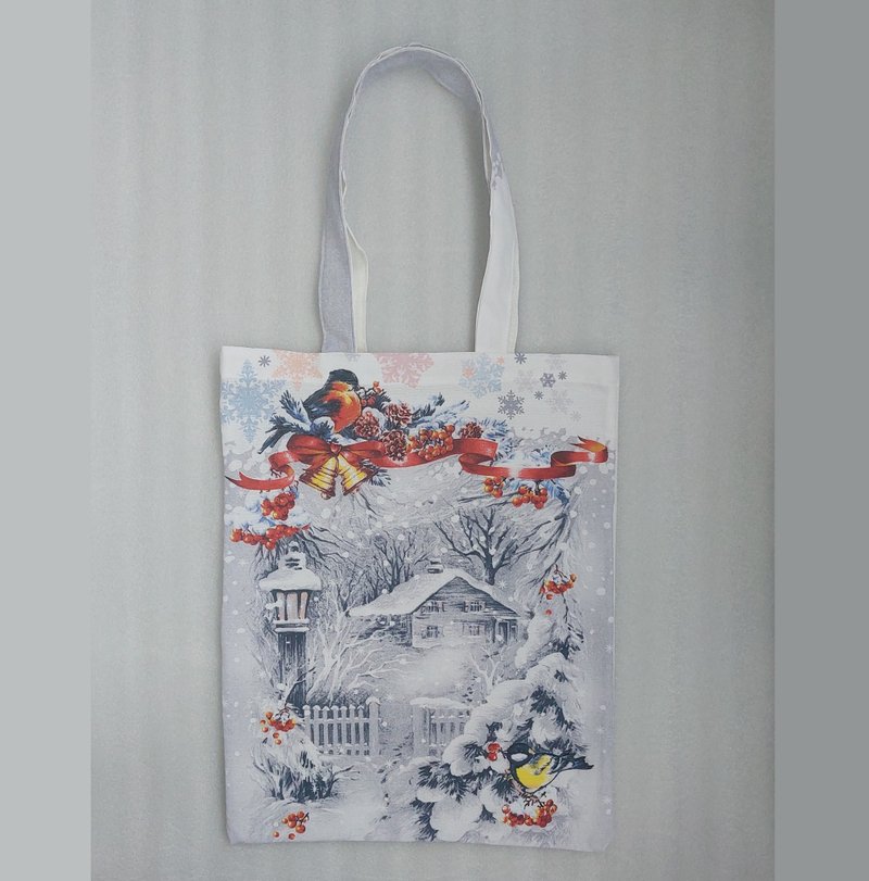Beautiful soft linen bag with winter birds, Christmas - 手提包/手提袋 - 棉．麻 白色