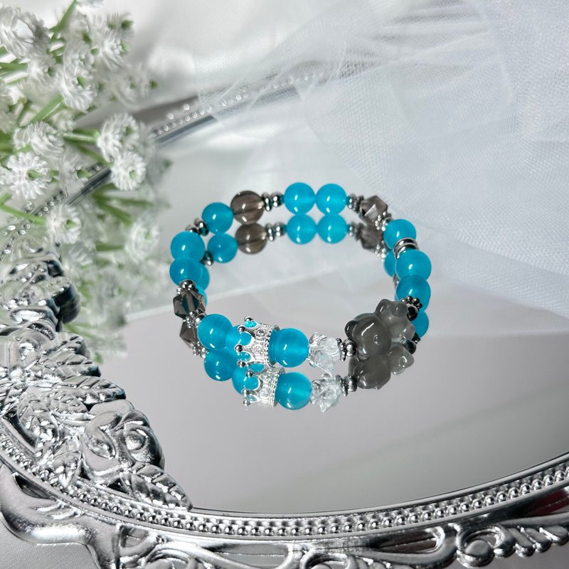 蒂芬尼的小熊手串 - 太陽骨幹小熊、煙晶、冰種天河石 - 手鍊/手環 - 水晶 綠色